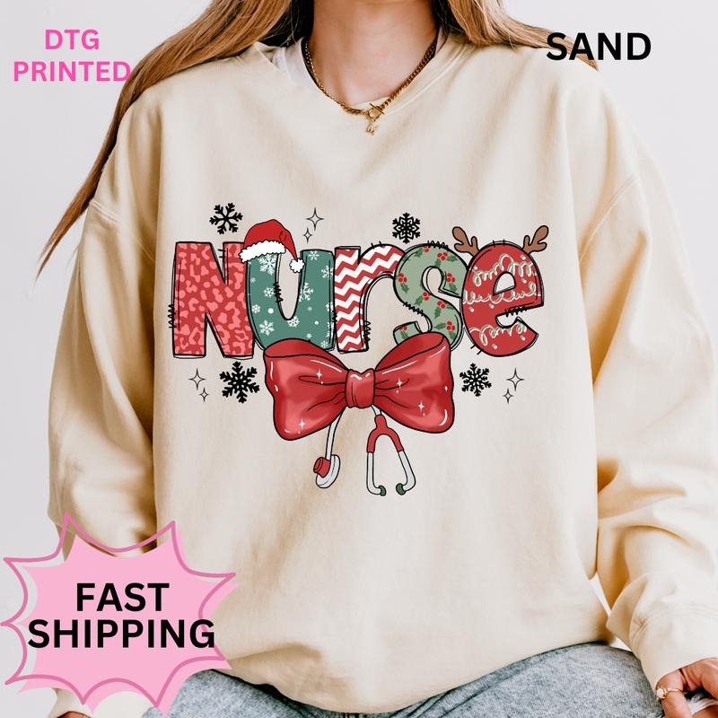 Christmas Nurse #2 Sweatshirt Winter Graphic Long Sleeve Casual Cotton Polyester Oversized sweatshirt