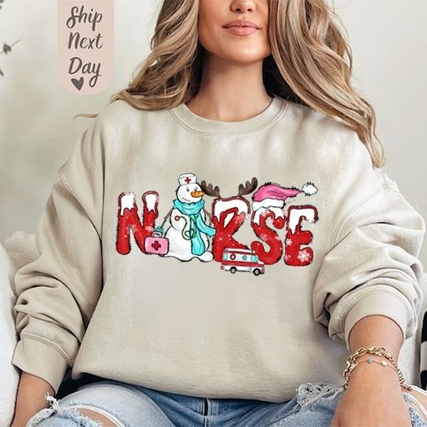 Christmas Nurse Sweatshirt and T-Shirt, Cute Snowman Reindeer Nurse Shirt, Holiday Nurse Gift Top, Festive Medical Staff...