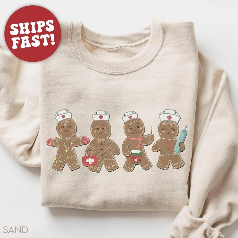 Christmas Nurse Sweatshirt and T-Shirt, ICU Nurse Holiday Shirt, Cute Gingerbread Nurse Top, Festive Medical Outfit,...