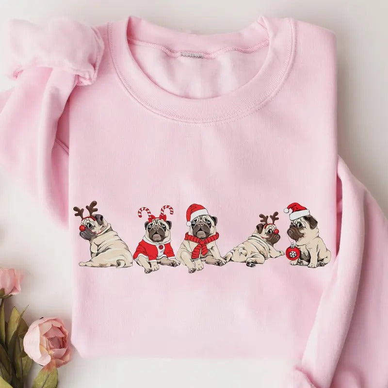 Christmas Pug Dog Sweatshirt, Pug Dog Christmas Shirt, Dog Lover Gift, Holiday Crewneck Shirt, Pug Dog Mom Shirt, Xmas...
