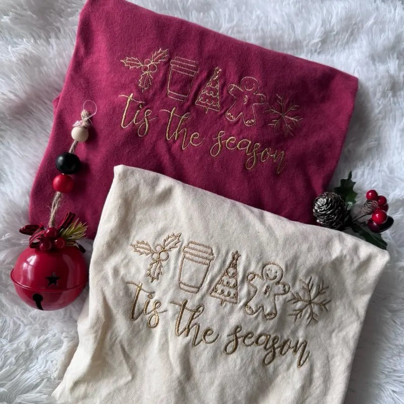 Christmas Shirt, Embroidered Christmas Tshirt, Tis The Season Tshirt Hoodie, Sweatshirt | PrintMintTees.com