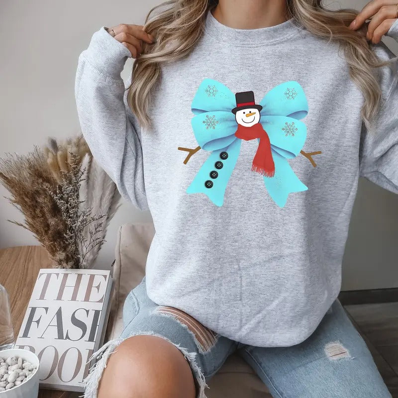 Christmas Snowman Bow Crewneck Sweatshirt Comfortable T-Shirts, Hoodie | PrintMintTees.com