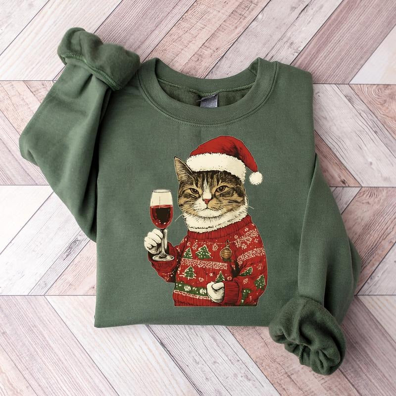 [Christmas Sweatshirt] Cat and Wine Christmas Sweatshirt, Funny Wine Cat Sweater, Cozy Holiday Crewneck for Cat Lovers,...