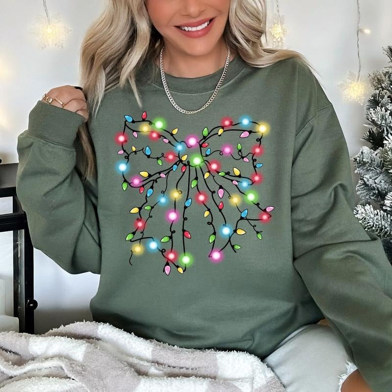 [Christmas Sweatshirt] Christmas Lights Coquette Bow Sweatshirt, Christmas Shirt, Christmas Light Sweatshirt, Funny...