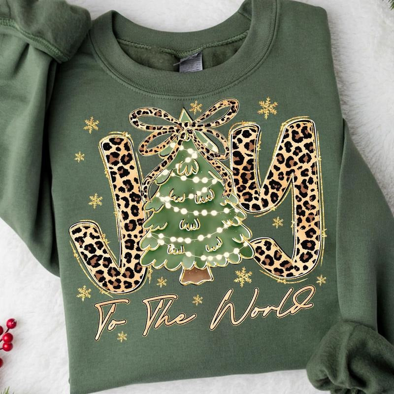 [Christmas Sweatshirt] Joy To The World Sweatshirt, Leopard Christmas Tree Sweater, Preppy Christmas Sweater, Faux...