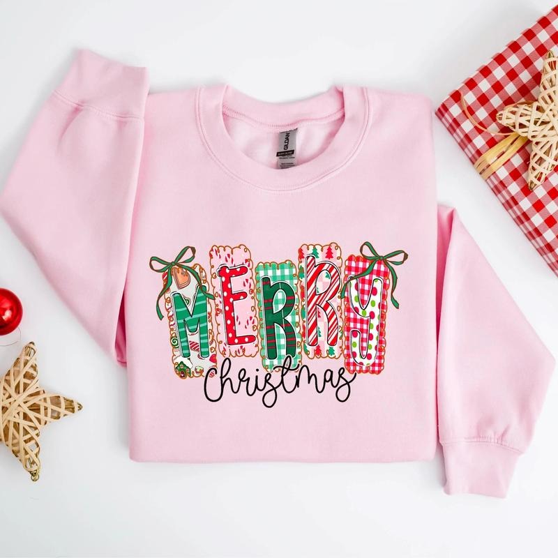 [Christmas Sweatshirt] Merry Christmas Sweatshirt, Christmas Coquette Bow Sweatshirt, Merry and Bright Sweater, Girly...