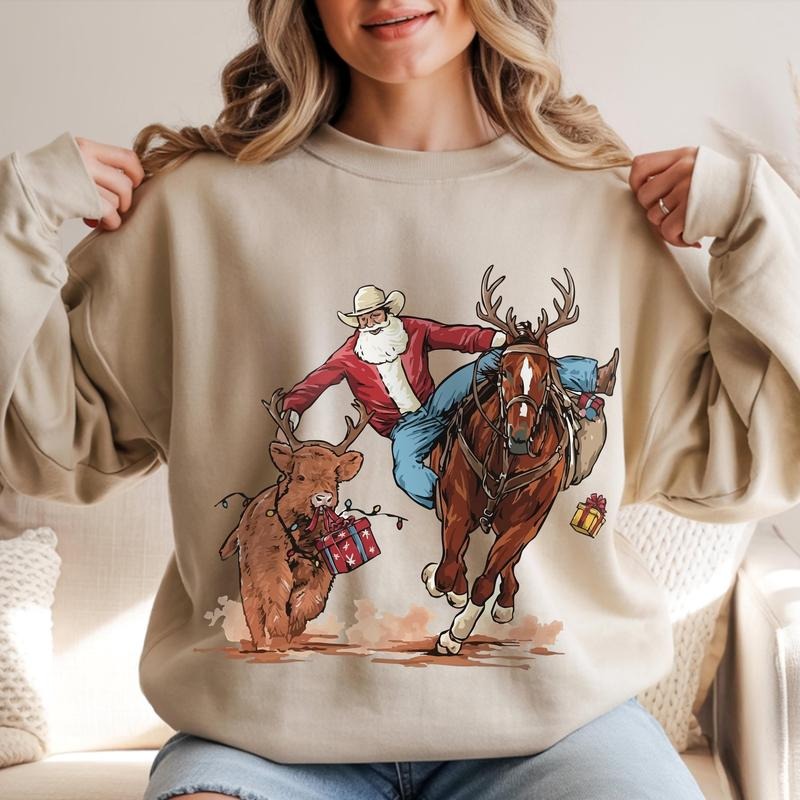 [Christmas Sweatshirt] Western Cowboy Santa Christmas Sweatshirt, Rodeo Sweatshirt, Horse & Reindeer Sweatshirt, Rustic...
