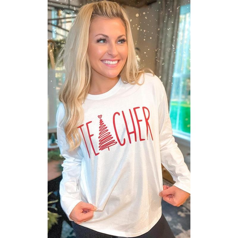 Christmas Teacher Tree Graphic Boyfriend Long Sleeve T-Shirt Hoodie Sweatshirt | PrintMintTees.com