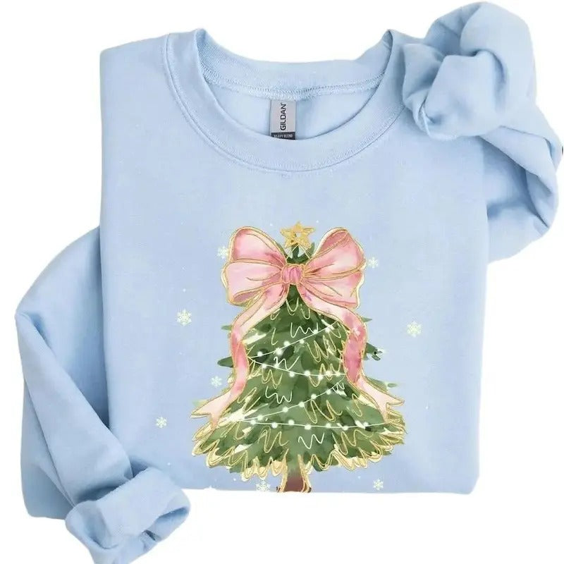 Christmas Tree Bow Shirt, Christmas Sweatshirt for Women, Christmas Tree Tshirt Cotton Womenswear Hoodie | PrintMintTees.com