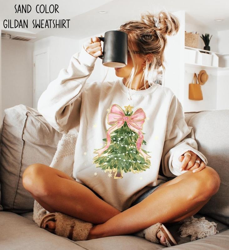 Christmas Tree Bow Shirt, Christmas Sweatshirt for Women, Christmas Tree Tshirt, Christmas Coquette Christmas Shirt Hoodie