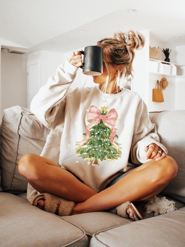 Christmas Tree Bow Sweatshirt, Christmas Sweatshirt For Women, Christmas Tree Shirt, Christmas Coquette Christmas Shirt,...