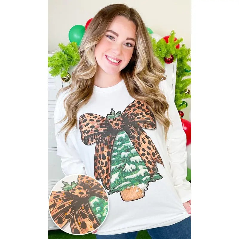 Christmas Tree Cheetah Bow Rhinestone Graphic Long Sleeve T-Shirt Hoodie Sweatshirt | PrintMintTees.com