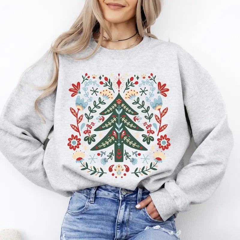 Christmas Tree Folk Art, Scandinavian, Classic, Santa, Floral Sweatshirt, Crew Neck, Women's, Crewneck Shirt Hoodie