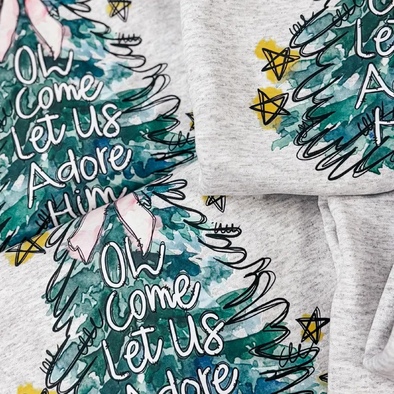 Christmas Tree Let Us Adore Him Unisex NuBlend Crew Sweatshirt CHRISTMAS 2024 Jerzees or Gildan Shirt Hoodie