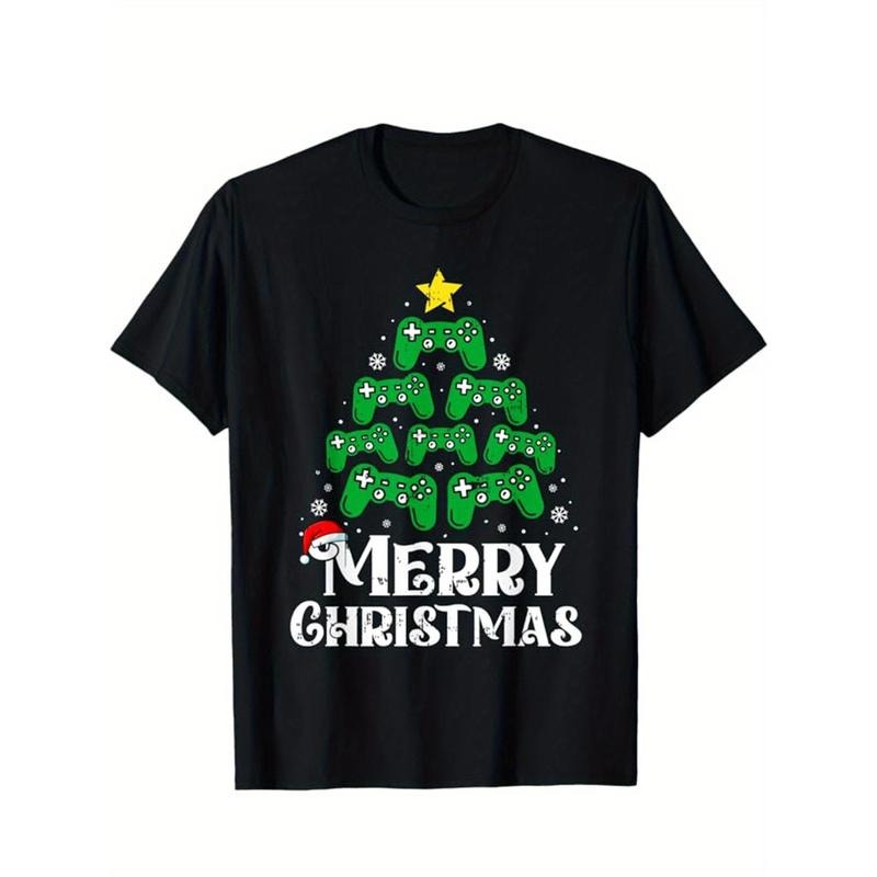 Christmas Tree Print Men's Cotton T-shirt, Graphic Tee Men's Xmas Outdoor Clothes, Men's Clothing, Casual Short Sleeve...