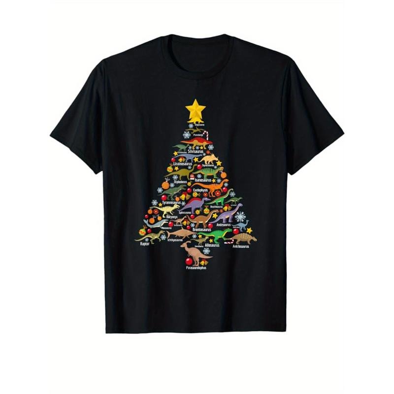 Christmas Tree Print Men's Cotton T-shirt, Graphic Tee Men's Xmas Outdoor Clothes, Men's Clothing, Casual Short Sleeve...
