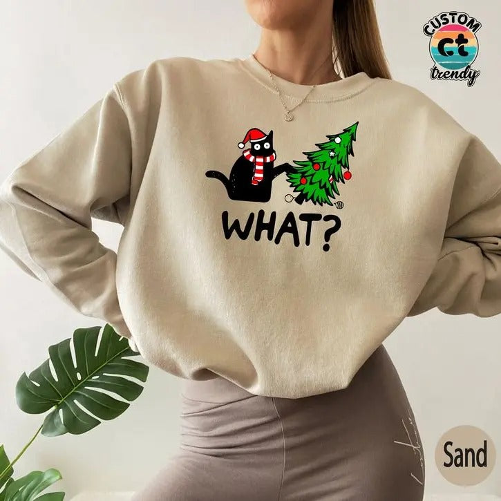 Christmas Tree Sweatshirt,Funny New Year Cat Sweatshirt,Minimalist What ,New Year Gift for Pet Owner,,Cat Mom T...