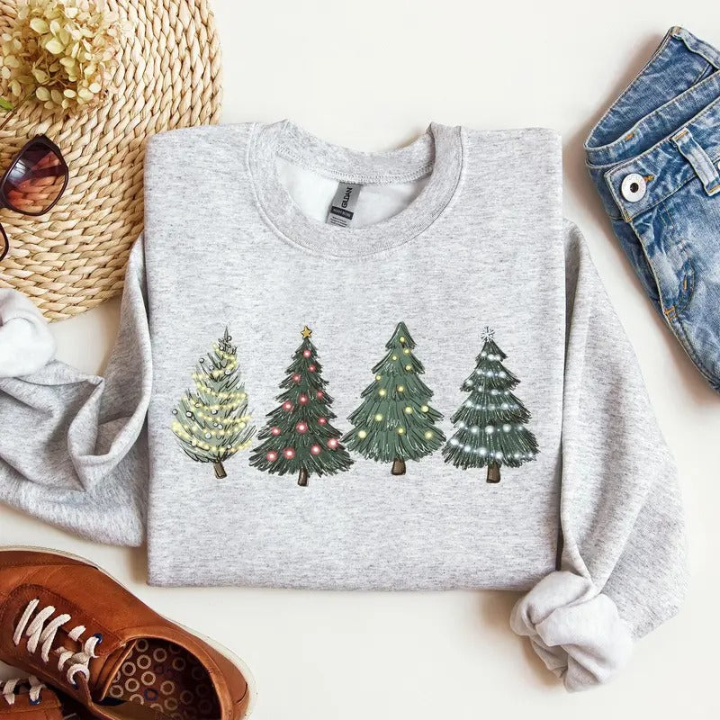 Christmas Trees, Winter, Snow, Santa Sweatshirt, Women's Crew Neck, Crewneck Shirt Hoodie | PrintMintTees.com