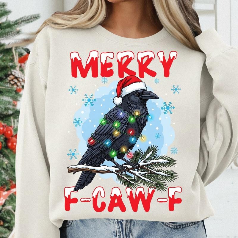 [Christmas Unisex Shirt] Merry F-Caw-F Christmas Sweatshirt, Funny Raven Bird Holiday Sweater, Sarcastic Crow Santa...