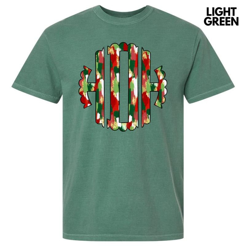 Christmas Watercolor Monogram Comfort Colors T-Shirt 'NLB' Hoodie Sweatshirt | PrintMintTees.com