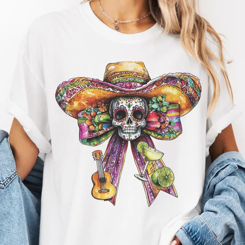 Cinco De Mayo Skull Bow Graphic Tee Sugar Skull Mexican Festival Tshirt Mexico Independence Day Shirt Hoodie, Sweatshirt