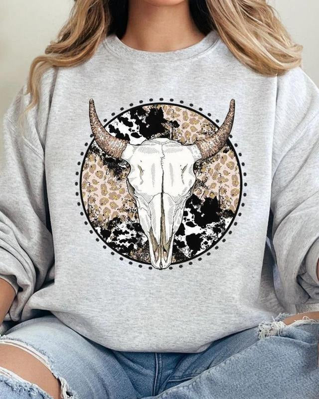 Circle Leopard Steer Heavy-weight Crew Sweatshirt Western Cozy Sweatshirt Shirt Hoodie | PrintMintTees.com