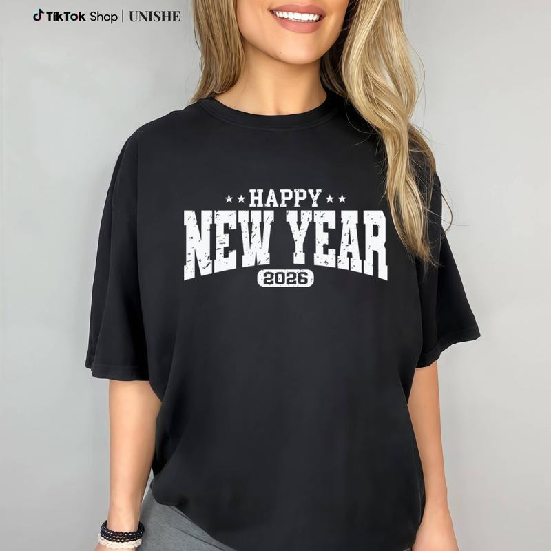 Classic Black T-Shirt Featuring Clean White 'Happy New Year 2026' Text for Effortless Cool Hoodie Sweatshirt