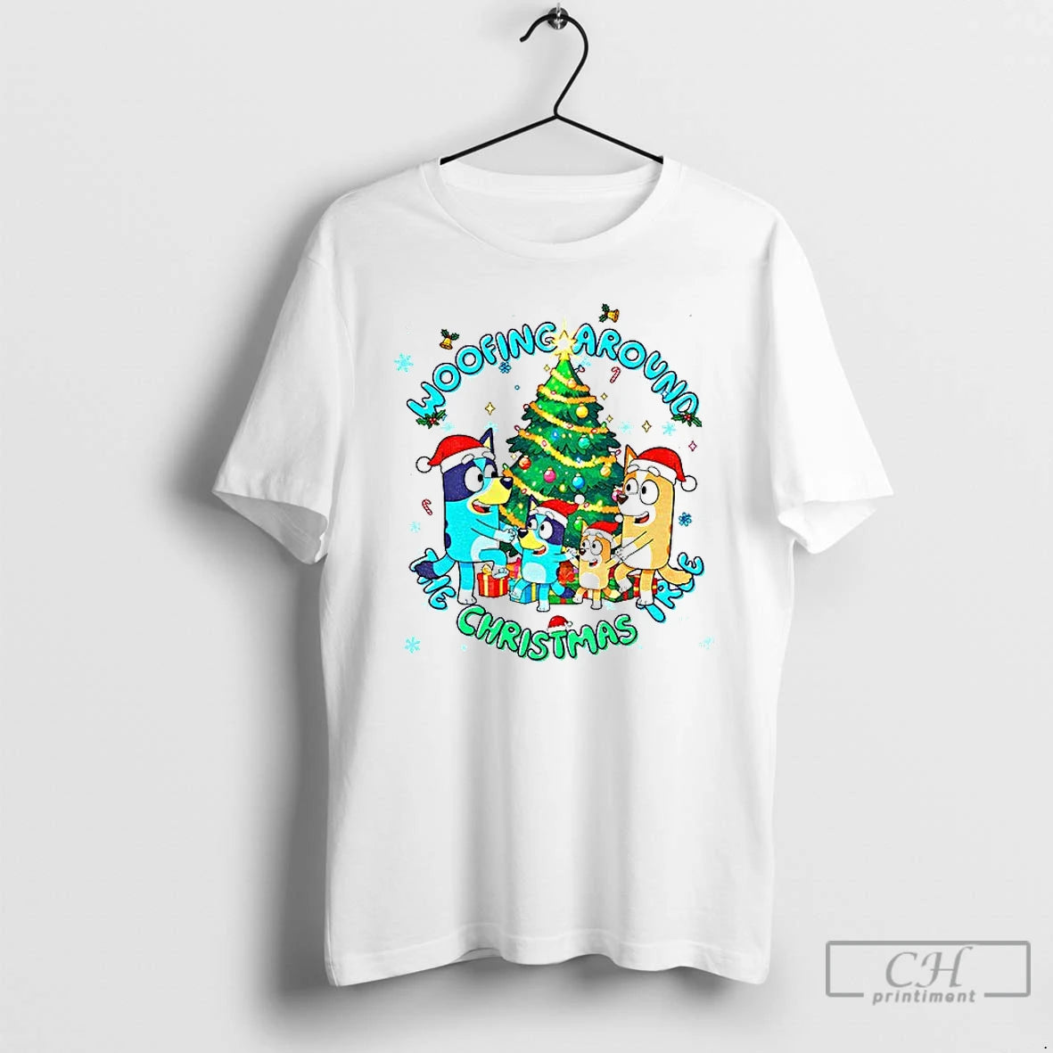 Classic Bluey Family Santa Hat Woofing Around The Christmas Tree Merry Christmas T Shirts Sweater Hoodie, Sweatshirt