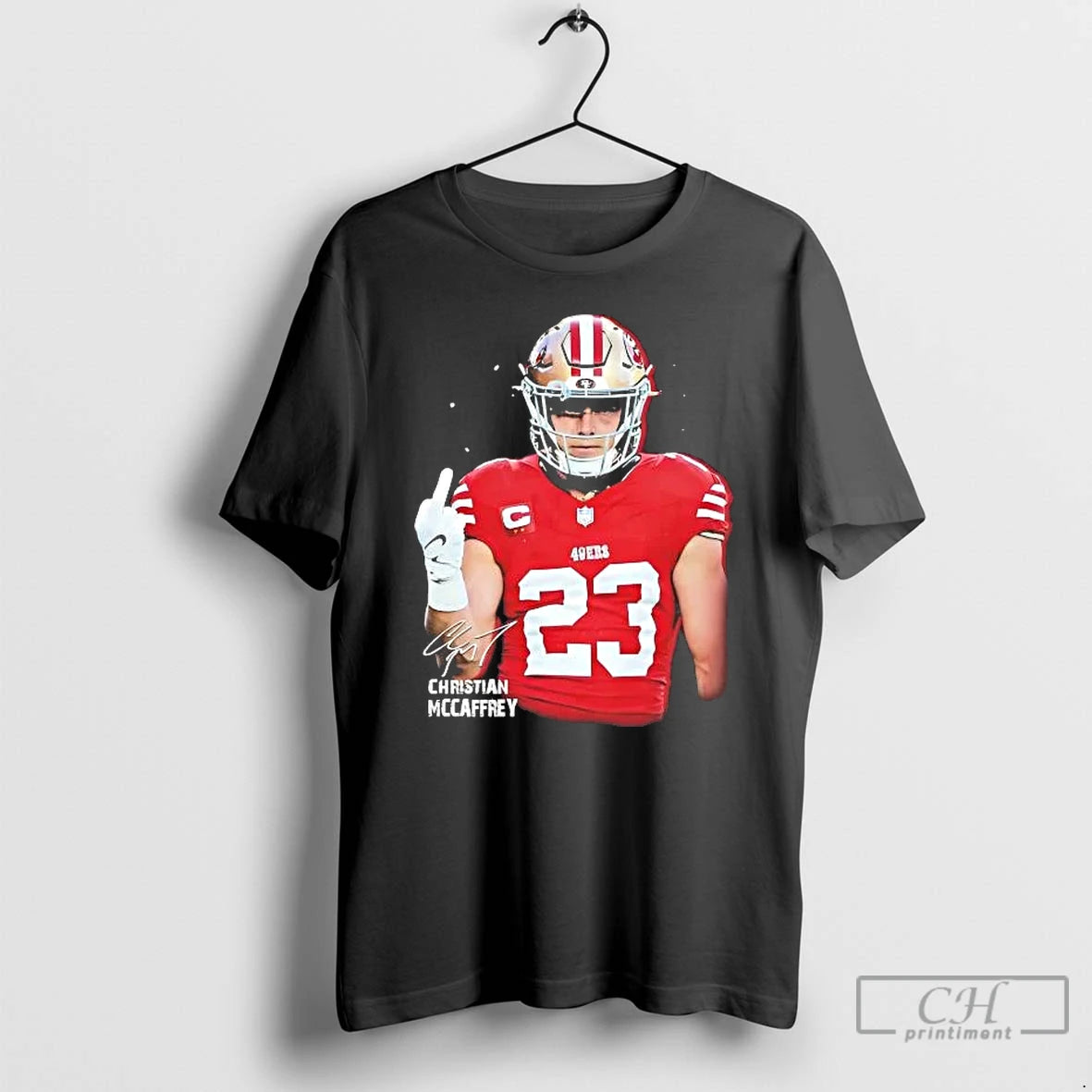 Classic Christian Mccaffrey Middle Finger Signature T-Shirts, Hoodie, Sweatshirt | PrintMintTees.com