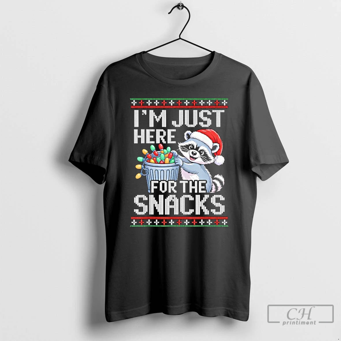 Classic Im Just Here For The Snacks Raccoon Christmas Ugly T-Shirts, Hoodie, Sweatshirt | PrintMintTees.com