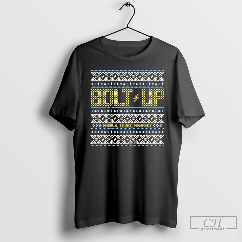 Classic Los Angeles Chargers Bolt Up Family Trust Respect Ugly Christmas T-Shirts, Hoodie, Sweatshirt | PrintMintTees.com