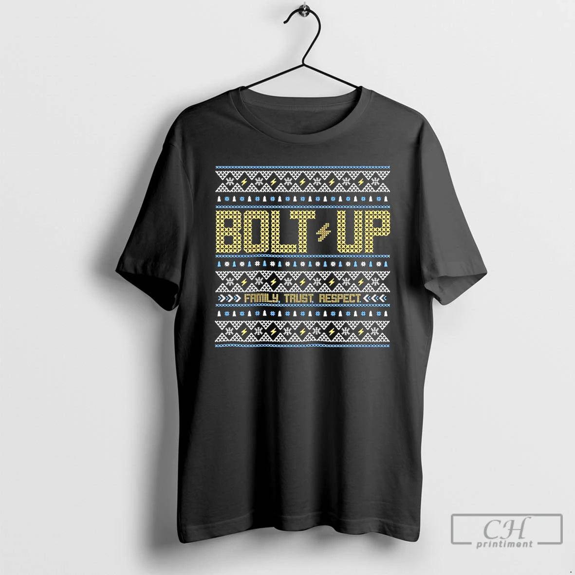 Classic Los Angeles Chargers Bolt Up Family Trust Respect Ugly Christmas T-Shirts, Hoodie, Sweatshirt | PrintMintTees.com