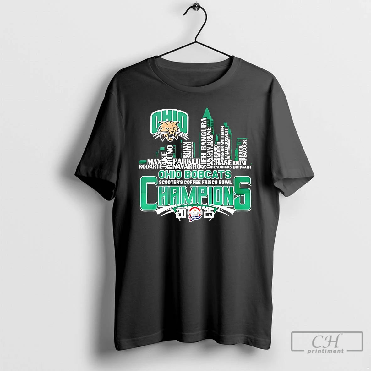 Classic Ohio Bobcats 2025 Scooters Coffee Frisco Bowl Champions Player Names City Skyline T Shirts Hoodie, Sweatshirt