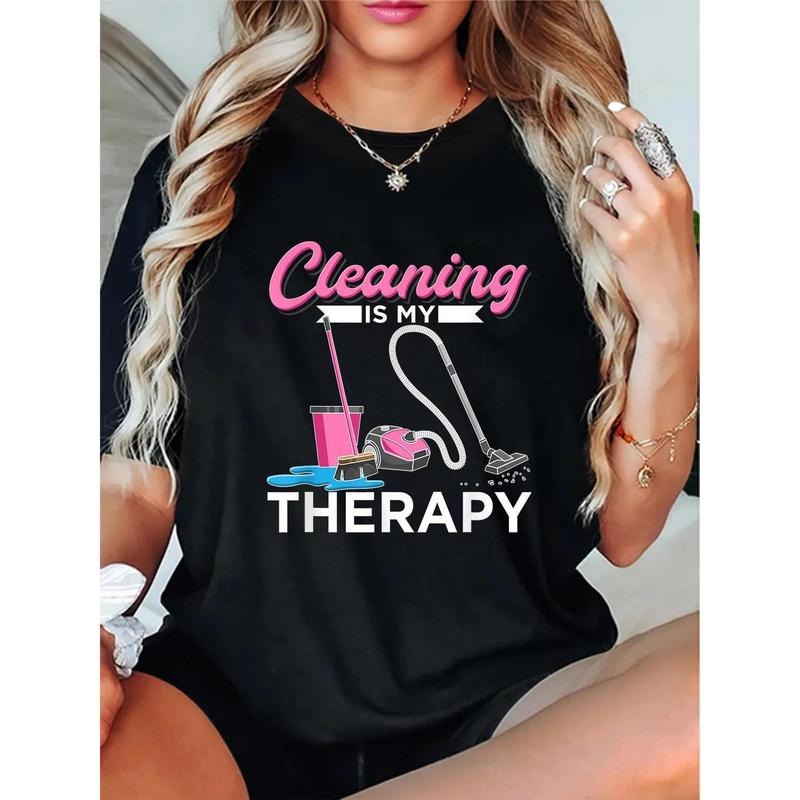 Cleaning Print T-shirt, Casual Short Sleeve Crew Neck Top For Spring & Summer, Women'S Clothing style 02 Hoodie Sweatshirt