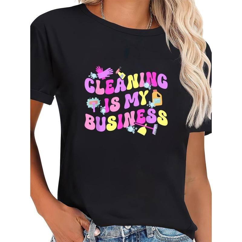 [Cleaning Tee] Colorful Black Graphic Tee - Casual Short Sleeve Round Neck T-Shirt | Machine Washable, Women's...