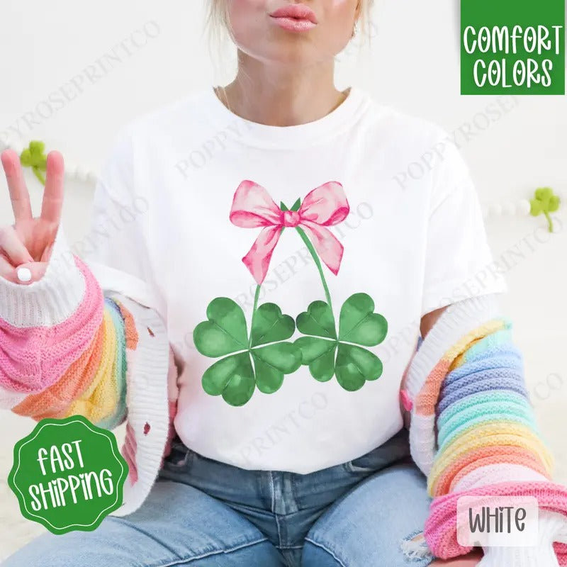Clover Bow Shirt Comfort Colors, St Patrick's Day Women's Tee, Cute Women's Tshirt Hoodie, Sweatshirt | PrintMintTees.com