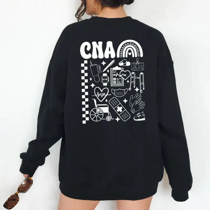 Cna Nursing Assistant Sweatshirt, Unisex Crewneck Pullover Tee, Black Cotton Casual Sweatshirt with "CNA" Print, Unisex...