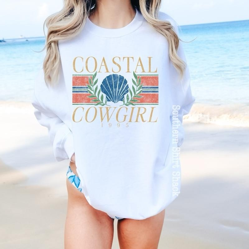 Coastal Cowgirl Sweatshirt | Beach Sweatshirt | White Sweatshirt graphic shirt unisex style Hoodie | PrintMintTees.com