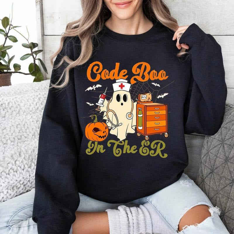 Code Boo In The ER Nurse Halloween Sweatshirt, Funny ER Tech Spooky Pullover, Emergency Room Graphic Tee, Cute Boo Shirt...
