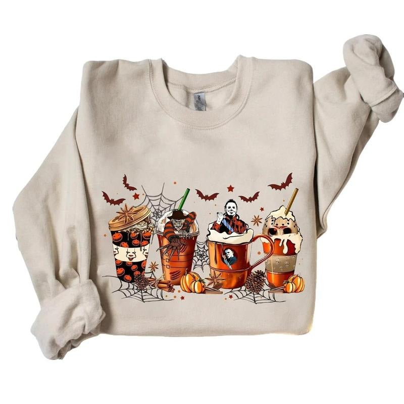 Coffee Horror Movies Halloween Crewneck Sweatshirt Hoodie Tshirt, Halloween 2024 Gifts | PrintMintTees.com