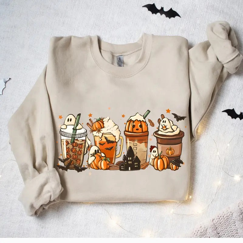 Coffee Pumpkin Halloween Crewneck Sweatshirt Hoodie Tshirt, Halloween 2024 Gifts | PrintMintTees.com