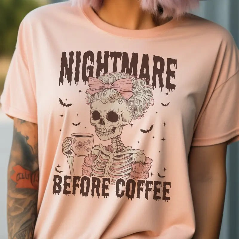 Coffee Skull Tee Nightmare Before Coffee Tshirt Girly Nightmare Before Coffee T-Shirt Skeleton Coffee Tee Coquette Skull...