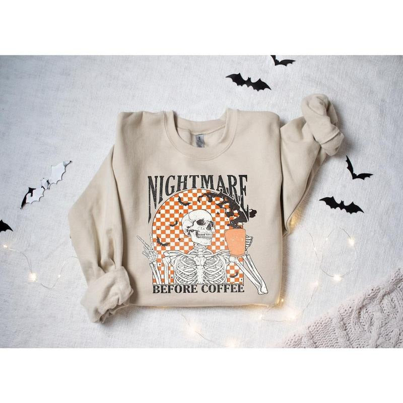 Coffee Sweatshirt, Funny Halloween Sweatshirt, Skeleton Halloween Shirt Coffee Fall Shirt Hoodie | PrintMintTees.com