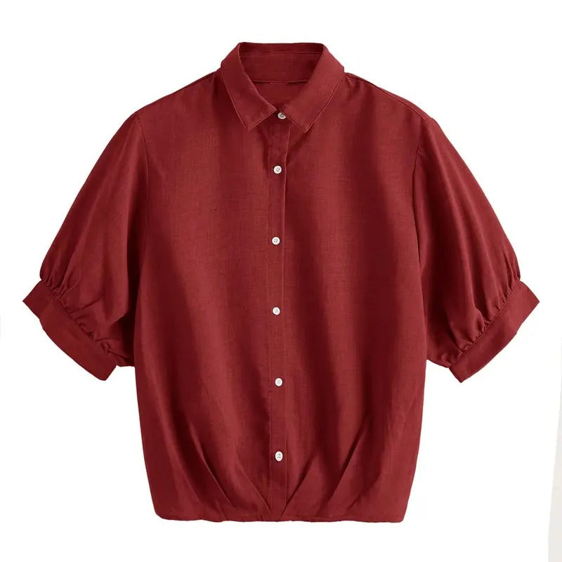 Collar Lantern Short Sleeve Pleated Hem Button Down Work Blouse Shirt Top T-Shirts, Hoodie, Sweatshirt