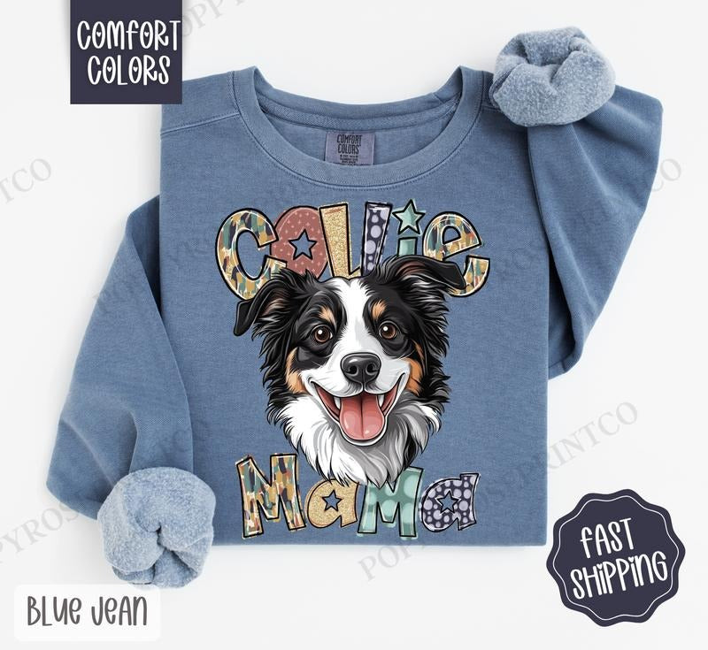 Collie Mama Comfort Colors Sweatshirt, Dog Mama Women's Crewneck, Cute Dog Mom Women's Sweater Shirt Hoodie