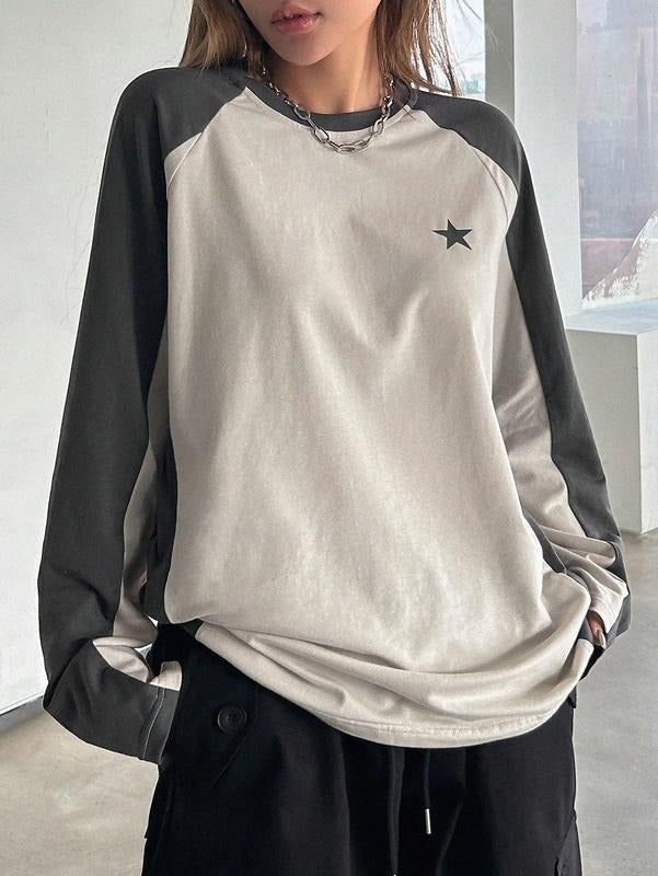 Color Block Crew Neck Star Graphic Raglan Shirt Loose Long Sleeve Tee Top Hoodie, Sweatshirt | PrintMintTees.com