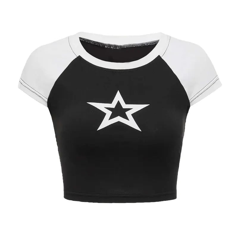 Color Block Star Print Short Sleeve Crop Tops Slim Fit Tee T Shirts Hoodie, Sweatshirt | PrintMintTees.com