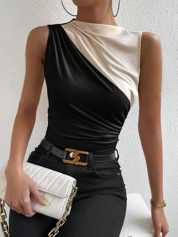 Colorblock Ruched Mock Neck Tank Top Sleeveless Slim Fit Work Shirt TopsY2K Hoodie, Sweatshirt | PrintMintTees.com