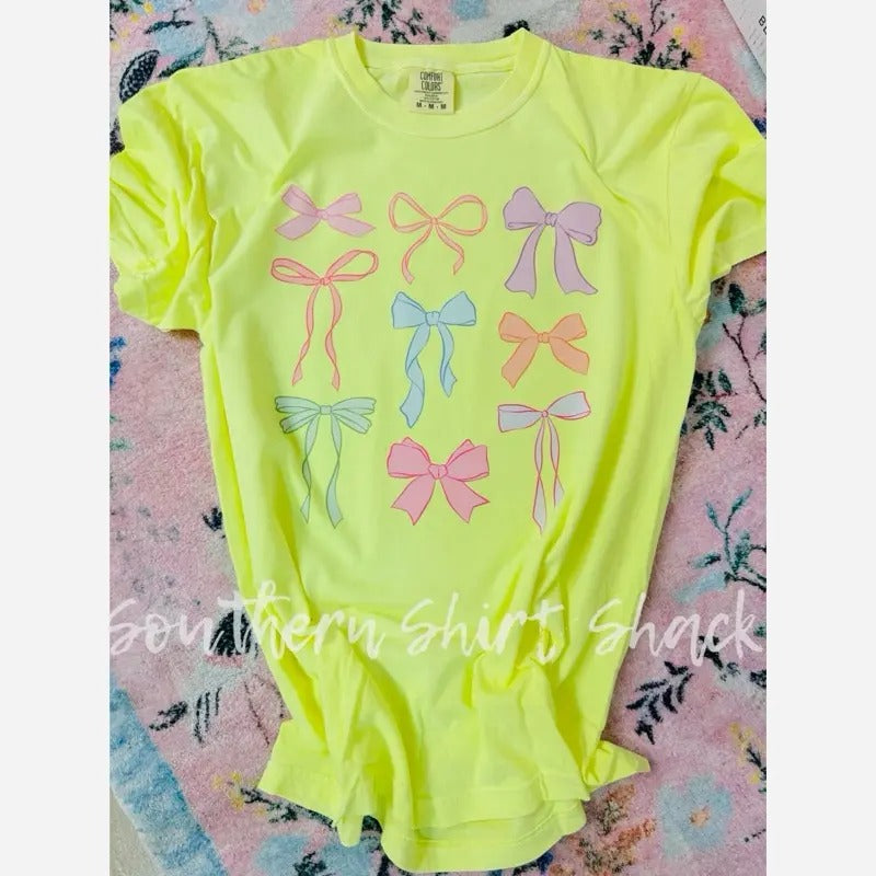 Colorful Coquette Bows | neon yellow comfort colors t shirt Hoodie Sweatshirt | PrintMintTees.com