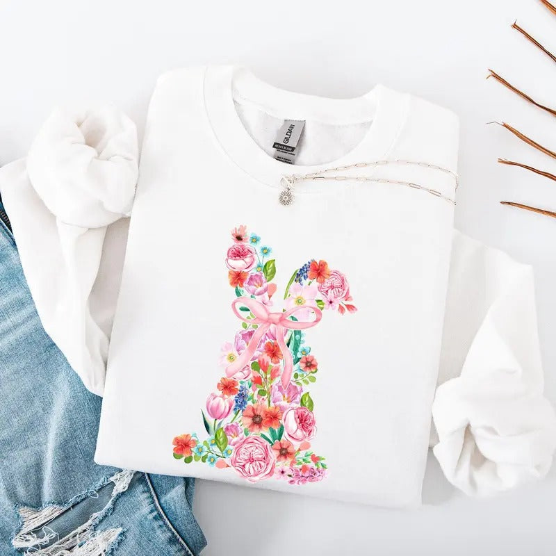 Colorful Floral, Easter, Bunny, Jesus, Rabbit, Holiday Sweatshirt, Crew Neck, Women's, Crewneck Shirt Hoodie